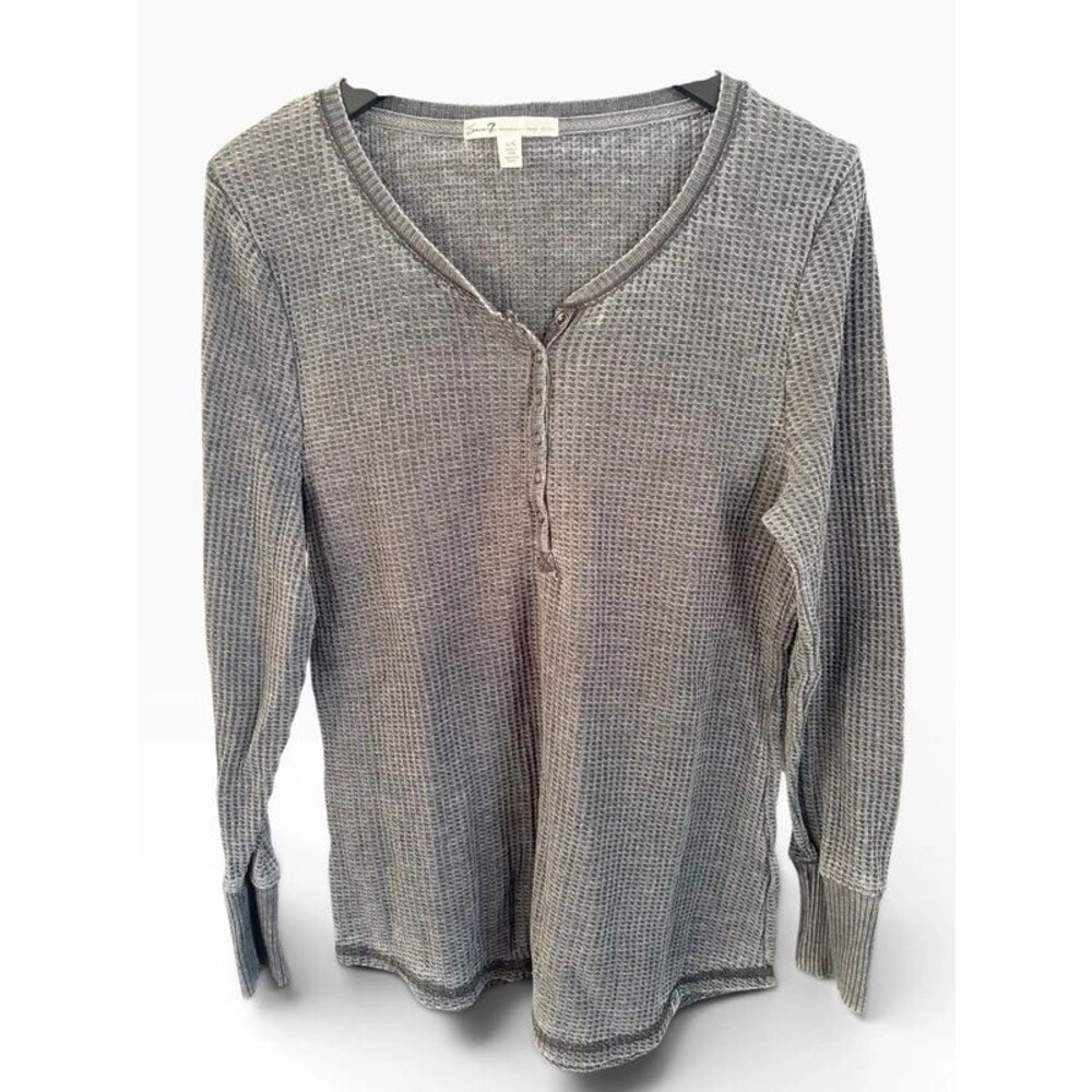 Seven7 Acid Wash Grey Waffle Knit Henley Top Long Sleeve Large L